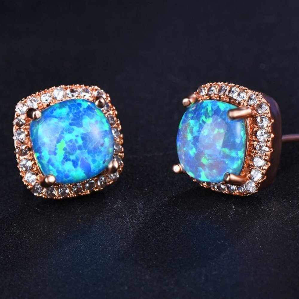 NEW 18K Rose Gold Blue Opal Diamond Halo Earrings - Picture 3 of 6